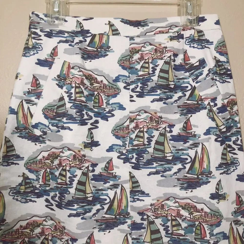 Nine West Sweet Escape Havana Nautical Sailboat Beach Print Linen Blend Skirt